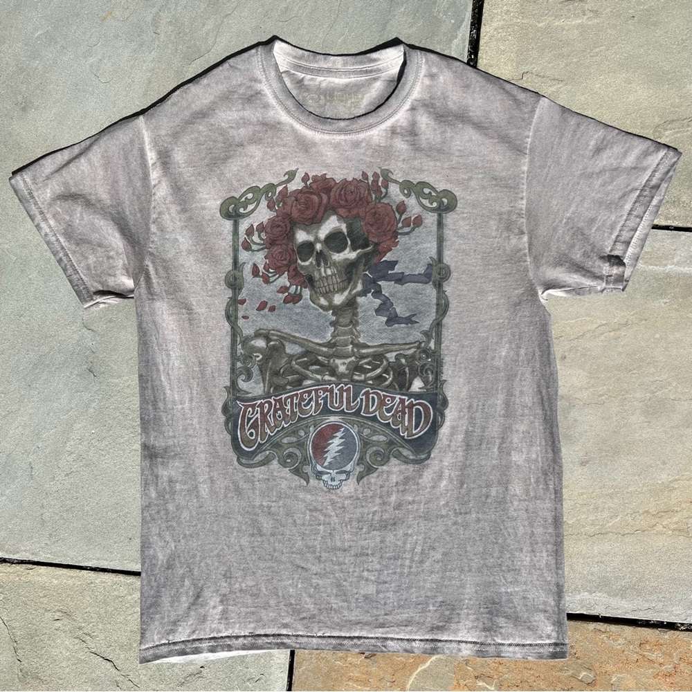 Overdyed Grey Grateful Dead Skeleton Roses T-Shirt Reworked